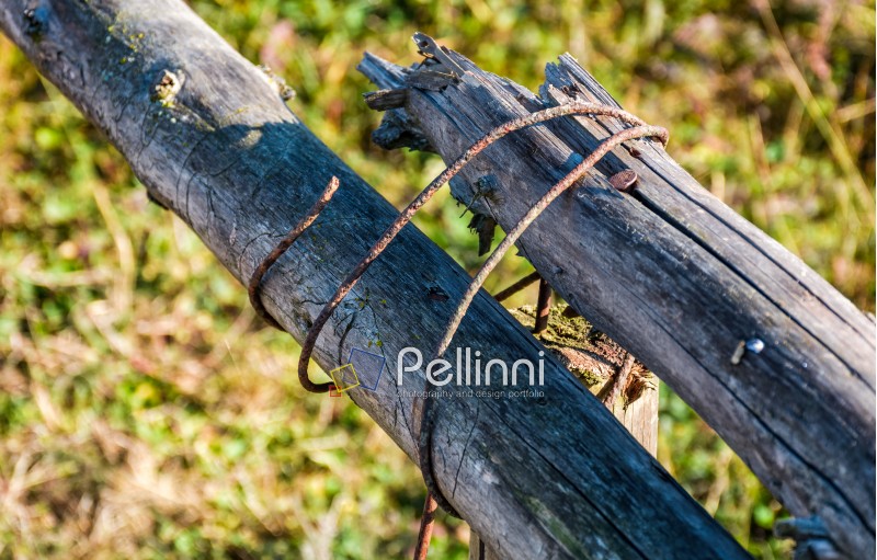 wooden fence details wrapped by a wire. simple rural style object on grassy background