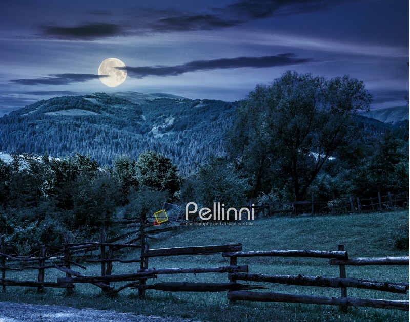 composite image of wooden fence on agricultural grassy meadow with trees on hillside in high mountains at night in full moon light