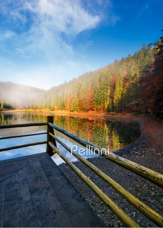 wooden pierce fence on a lake in fog. beautiful autumnal scenery in forest in mountains