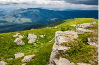 boulders on a green grassy slope of mountain ridge. beautiful summer landscape of Carpathians before the storm