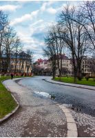 cobble street winding through old town. lovely cityscape in springtime. location Narodna square, Uzhgorod, Ukraine.