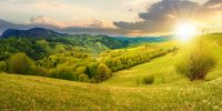 panorama of countryside in mountain at sunset. beautiful landscape in springtime