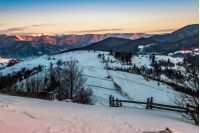 winter; rural; fence; landscape; snow; forest; mountain; morning; meadow; nature; tree; white; wood; slope; dawn; weather; blue; field; country; frost; beautiful; majestick; outdoor; snowy; hill
