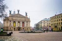 lviv, ukraine - 17 nov 2012: opera house on freedom avenue on a misty autumn morning. state academic theater of opera and ballet is unesco heritage in the old city center, historical halych district