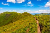 summer mountain landscape. path through the ridge to the top. fine weather with blue sky and few clouds