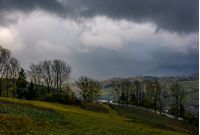 rural fields on serpentine in bad weather. mountainous countryside with trees in autumn stormy evening