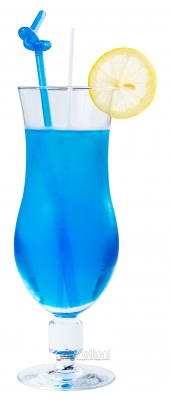 Blue Lagoon alcohol cocktail with lemon and ice in a tall glass. side view isolated on a white background