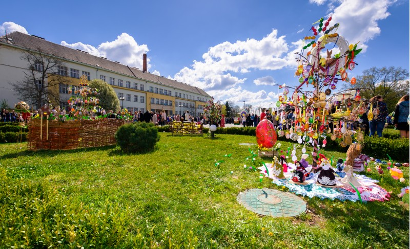 Uzhgorod, Ukraine - April 07, 2017: Celebrating Orthodox Easter in Uzhgorod on the Narodna square. Celebration in front of Transcarpathian Regional Administration building on a warm springtime day