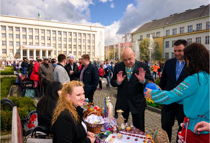 Uzhgorod, Ukraine - April 07, 2017: Celebrating Orthodox Easter in Uzhgorod on the Narodna square. Hennadiy Moskal, the governor of TransCarpathian region, rejects the Easter egg presents