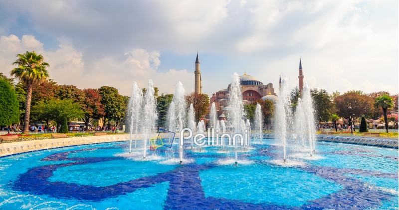 ISTANBUL, TURKEY - AUGUST 18, 2015: Fontain in park near Sophia basilica museum in Istanbul, Turkey on a bright sunny day