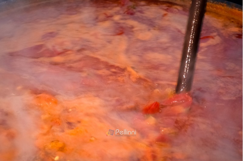 Hecha, Ukraine - JAN 27, 2018: Pork butchers competition. texture of boiling and steaming bogracs. stirring traditional food for festival