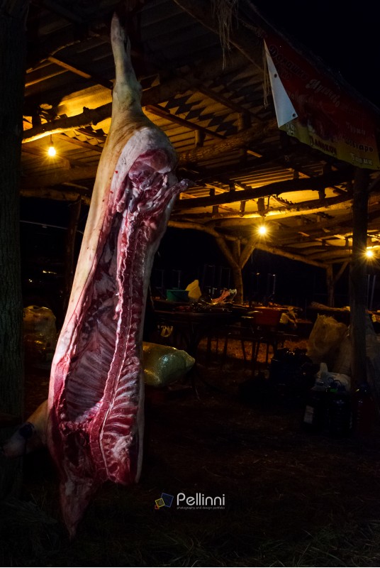 Hecha, Ukraine - JAN 27, 2018: Pork butchers competition. carcass hanging in the dark. preparing for festival at night