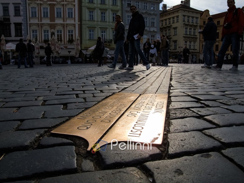 PRAGUE - OCTOBER 30: Prague Meridian on October 30, 2006 in Prague, Czech republic. Prague Meridian embedded into the paving in Prague Old Town Square