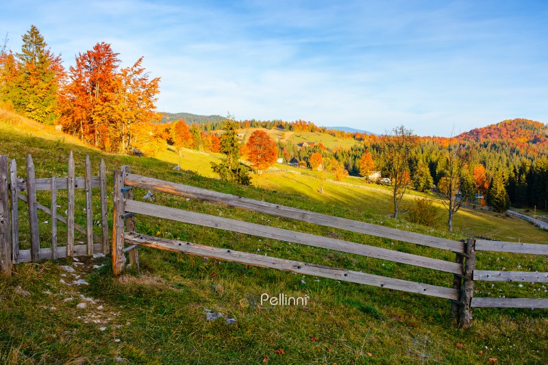 Romania countryside on autumn evening. mountain scenery with woo Romania countryside on autumn evening. mountain scenery with wooden fence through hill. rural life in remote area of Apuseni natural park