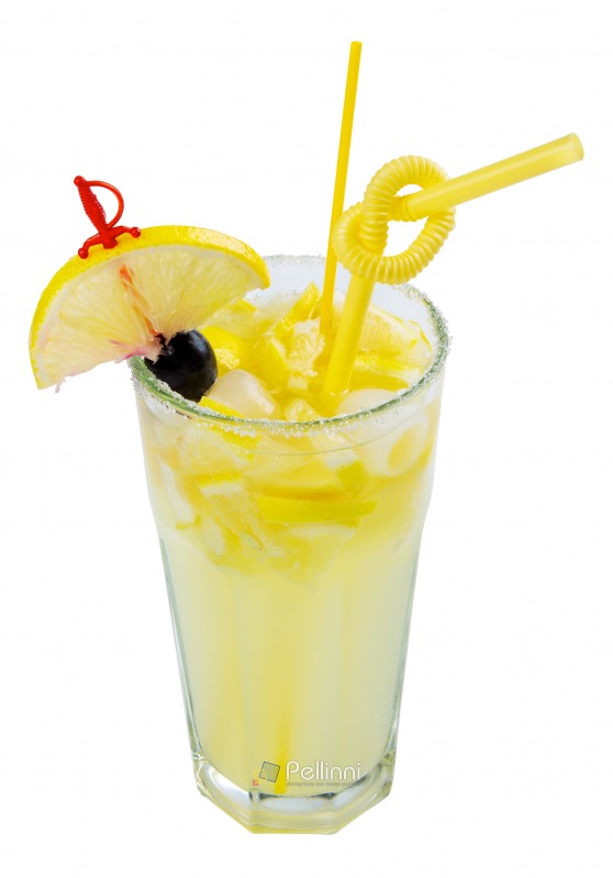 Rum Swizzle alcohol cocktail with lemon and sugar on the border of a tall glass. isolated on a white background
