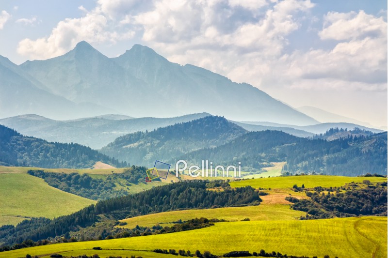 Rural landscape with fields and forest at the foot of Tatra mountains in Slovakia