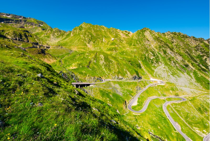 Transfagarasan road serpentine in the valley. beautiful transportation scenery in mountains of Romania. location southern Carpathians