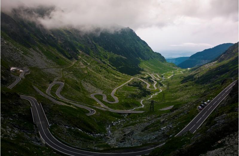 Transfagarasan road view from the cliff. dramatic moment before the storm