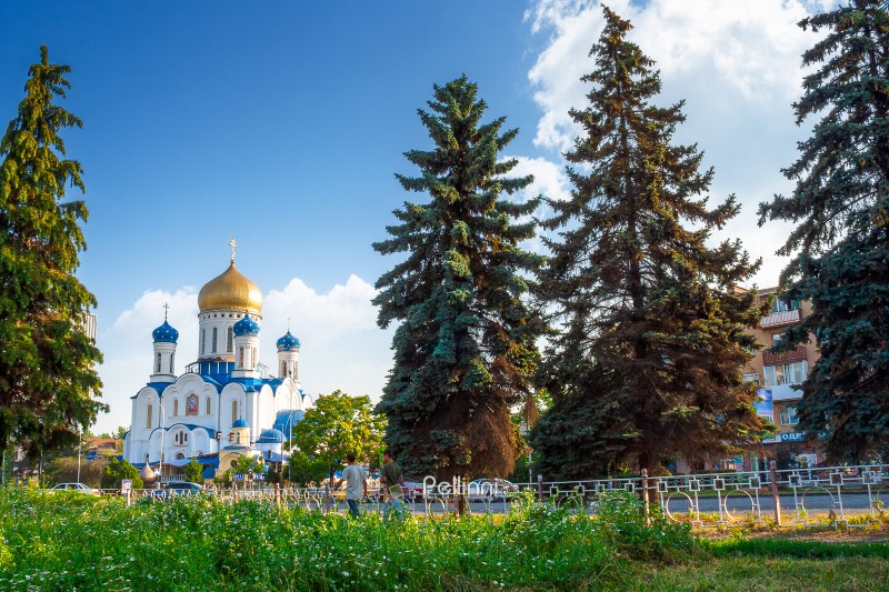 Uzhhorod, Ukraine - 06 Jul, 2012: Ukrainian Orthodox Church. Christ the Saviour Cathedral on Cyril and Methodius square on summer morning. Christian architecture in city landscape