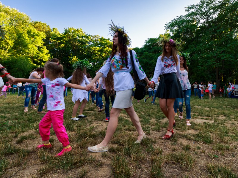 Uzhgorod, Ukraine - 07 Jul, 2016: Young female round dance on Ivana Kupala fest. Popular holiday in Slavic culture
