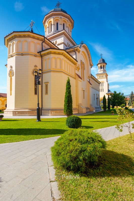 alba iulia, romania - 13 oct 2019: coronation cathedral. holy tr alba iulia, romania - 13 oct 2019: coronation cathedral. holy trinity romanian orthodox cathedral located in alba iulia citadel. sunny autumn day. popular travel destination in europe