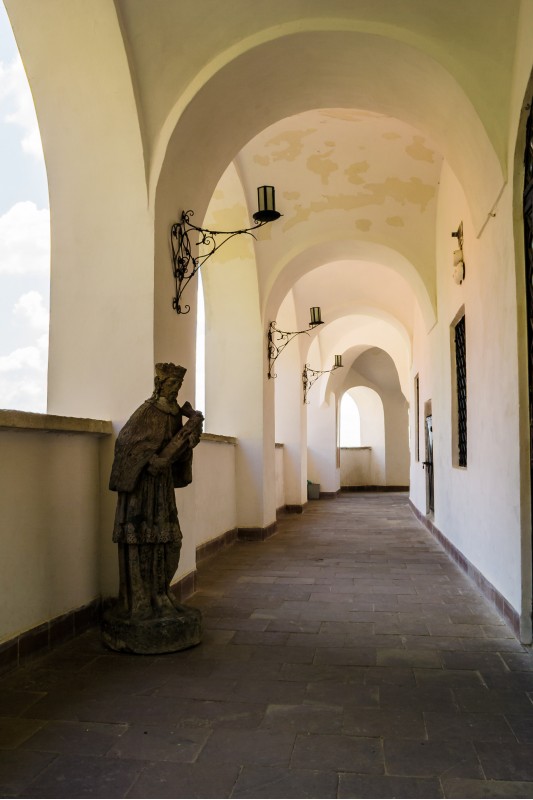 arcade of Palanok Castle inner courtyard. Old fortification now serves as the museum and is popular tourist landmark