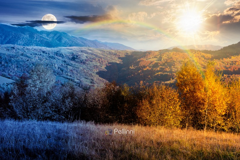 autumn mountain landscape. day and night time change concept. beautiful countryside in highlands with rural fields and colorful deciduous trees. rolling hills with sun and moon at twilight