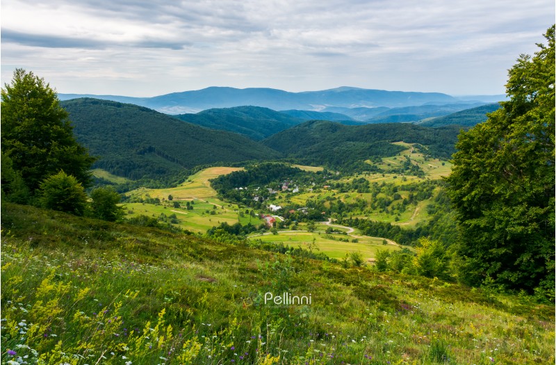 beautiful countryside landscape in mountains. forested hills and village down in the valley. overcast summer landscape