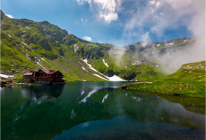 beautiful landscape of Balea Lake. popular destination for tourists in Fagaras mountains, Romania