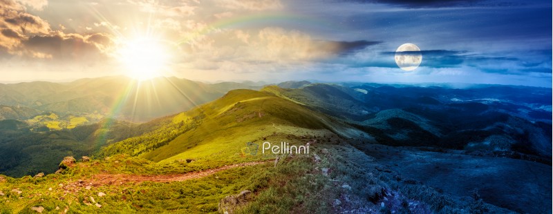 beautiful landscape of mountainous area on summer solstice. day and night time change. panoramic view of ridge in dappled light of sun and moon. alpine scenery with path through green grass on slopes