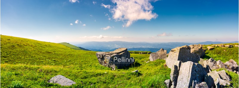 beautiful panorama of Runa mountain in summer. huge rocky formation on the hillside and peak in the distance. wonderful landscape of Carpathians