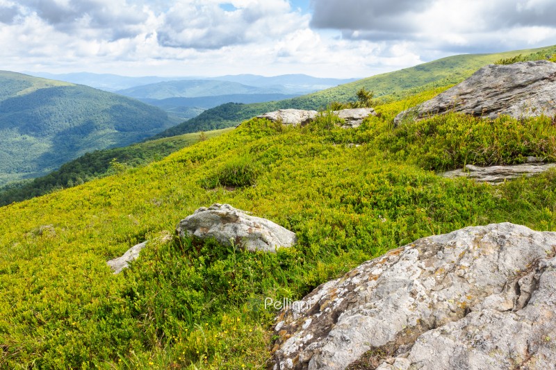 beautiful scenery of Carpathians in dappled light. hiking europe. wonderful summer landscape in mountains on a cloudy day. scenic view from the slope of hill. mountain smooth known as runa, ukraine
