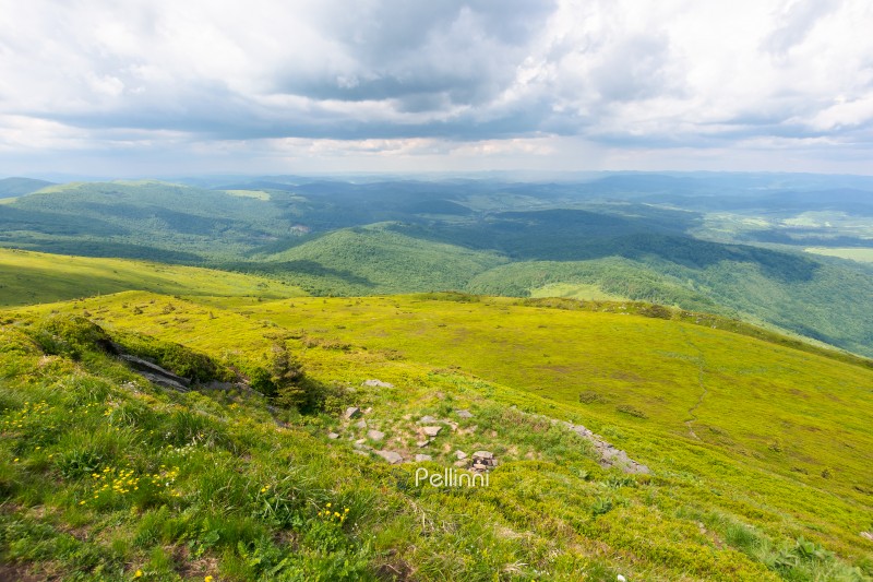 beautiful view in to the valley from the mountain top. green hills and meadows. travel through carpathian range. sunny weather in summer with cloudy sky