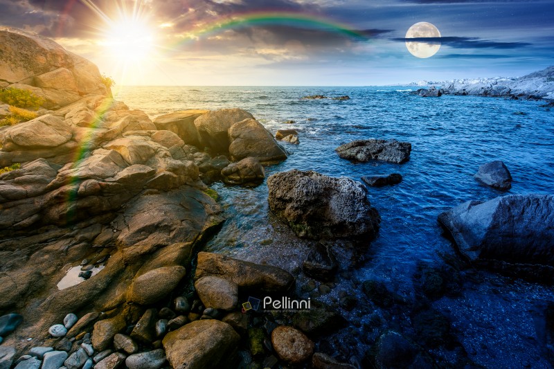 beautiful view of rocky sea coast under dramatic sky. day and ni beautiful view of rocky sea coast under dramatic sky. day and night time change concept. scenic summer solstice landscape of beach under sun and moon at twilight. coastal background with large stones
