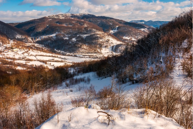 beautiful mountainous winter landscape on a sunny day. view from the top of a snowy hill
