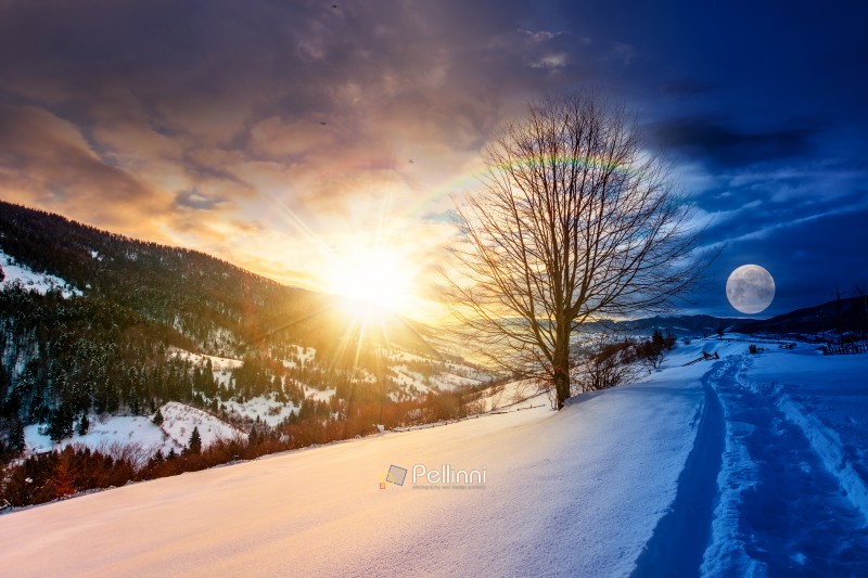 beautiful winter landscape with snow covered hills. day and night time change concept. serene rural scene in mountains with sun and moon. rolling countryside area. duality and transition template