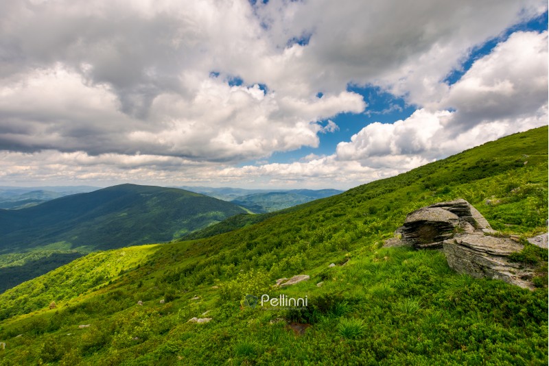 boulders on the hills of Runa mountain on a cloudy day. beautiful Carpathian landscape in summer time