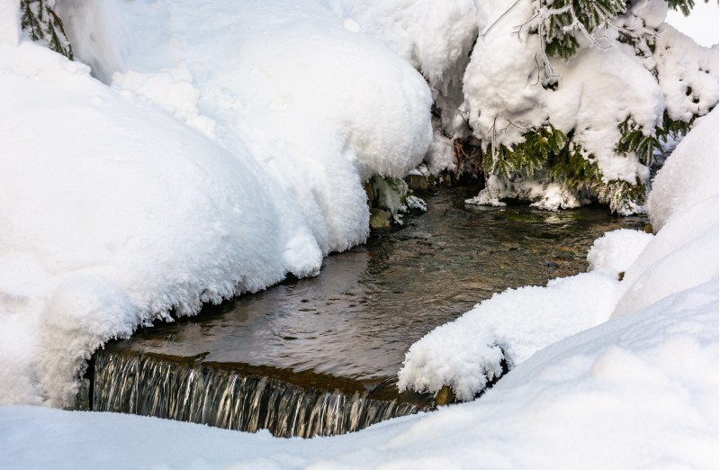 brook with cascades in winter. lovely nature background