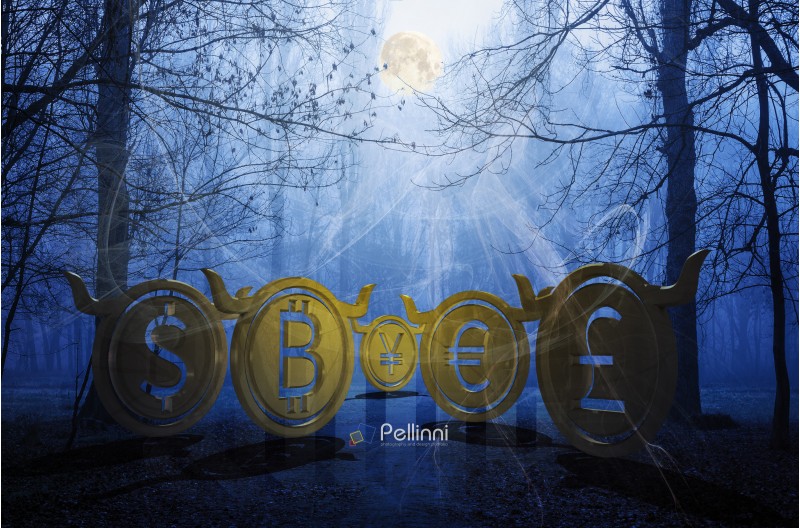 bullish coins hide in foggy forest. accumulating moon energy and waiting for the momentum to reveal their power on the market. spooky Halloween crypto night trading. 3d illustration
