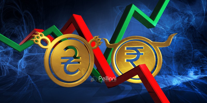 bullish indian rupee vs bearish ukrainian hryvnia currency. foreign exchange market 3d illustration of inr to uah