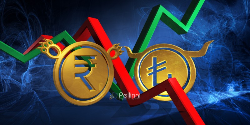 bullish try to bearish inr currency. foreign exchange market 3d illustration of turkish lira to indian rupee. money represented  as golden coins