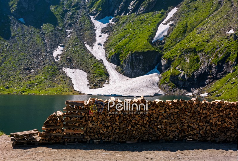 chopped firewood on the shore of a glacier. beautiful summer scenery in mountains. rocky hill with some grass and spots of snow.