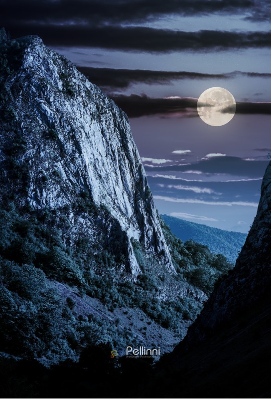 cliffs of Trascau mountains canyon at night in full moon light. lovely scenery of Carpathian landscape in springtime. beautiful travel destination. location Cheile Valisoarei, Romania