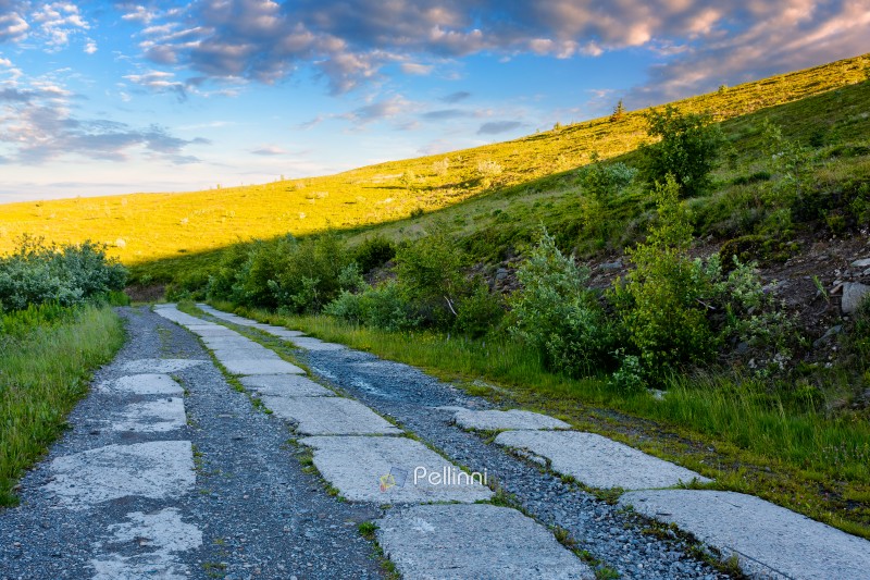 concrete road through carpathian mountains in morning light. cra concrete road through carpathian mountains in morning light. cracked pavement of old military path near the steep green hill. summer landscape of ukrainian countryside. nature background for hiking
