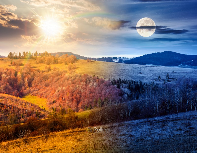 countryside mountain landscape on autumn equinox. day and night countryside mountain landscape on autumn equinox. day and night time change. alps with sun and moon. beautiful place. scenery with forest on hills. beauty in nature and rural sustainability concept