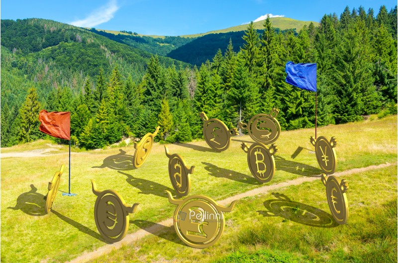 currency wars. bulls vs bears, bitcoin leading the team. battle on the hill near the forest. capture the flag concept. lovely summer landscape with mountain in the distance