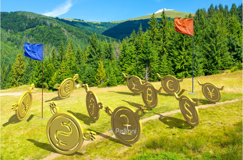 currency wars. bulls vs bears, bitcoin leading the team. battle on the hill near the forest. capture the flag concept. lovely summer landscape with mountain in the distance