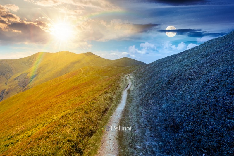 day meet night. summer landscape. mountain path through the grassy slope uphill to the sky. epic view. sun and moon over hiking trail path through borzhava ridge. ukraine mountains harmony concept