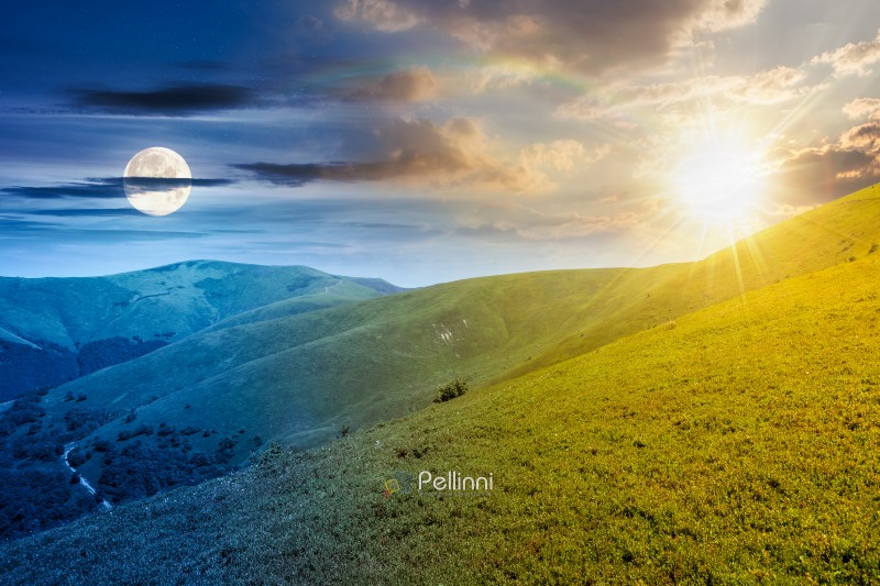 discover the beauty of mountain landscape in summer. beautiful scenery of ridge with great peak with sun and moon at twilight. day and night time change concept