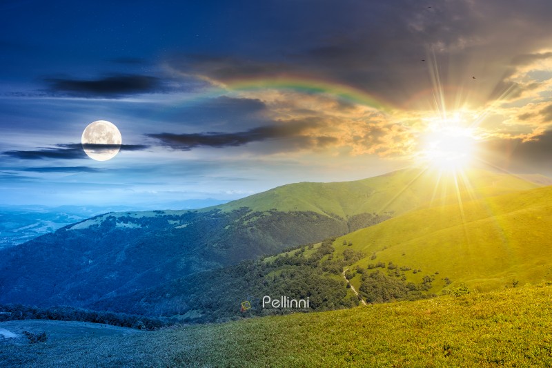 discover the beauty of mountain landscape in summer. majestic view of alps with sun and moon. picturesque tourism destination for adventure and recreation. day and night time change under rainbow